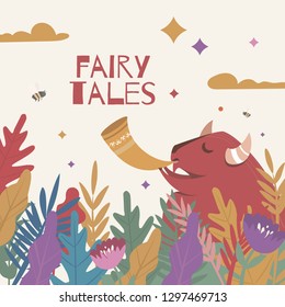 Fairy Bison plays a pipe in a magical forest.