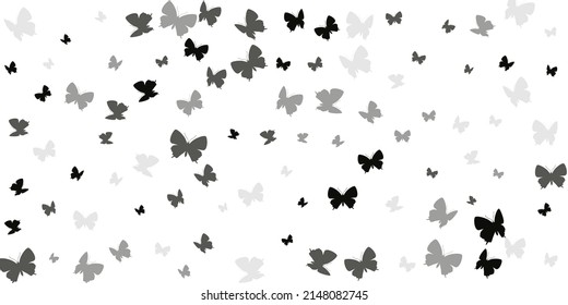 Fairy black butterflies abstract vector background. Spring beautiful insects. Simple butterflies abstract children illustration. Delicate wings moths graphic design. Garden creatures.