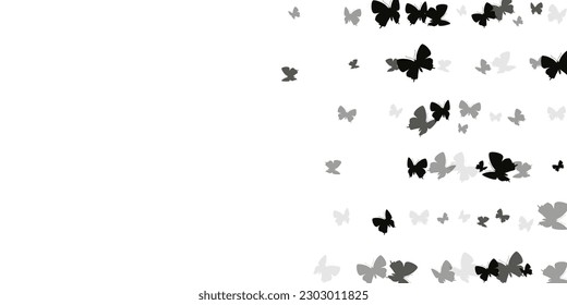 Fairy black butterflies cartoon vector illustration. Spring pretty insects. Wild butterflies cartoon fantasy background. Delicate wings moths patten. Tropical beings.