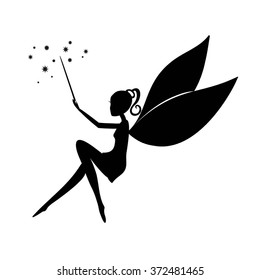 Fairy black silhouette with a magic wand. Fairy sitting. Stencil fairy. Vector Fairy with a magic wand  isolated on white background.