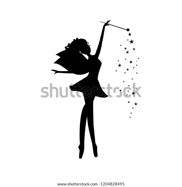 魔法の杖と星を持つ妖精の黒いシルエット 白い背景にベクターイラストと妖精 ステンシルの妖精 のベクター画像素材 ロイヤリティフリー