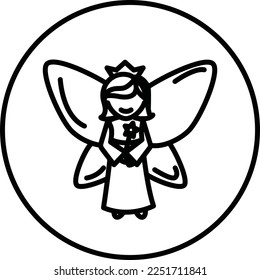 Fairy black and white line icon vector illustration in a circle, for web use for flying magic fairy, wings.