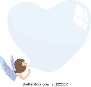 Fairy blows soap bubble in shape of giant heart. Children illustration