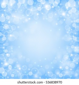 Fairy blue colored background with bokeh lights, stars and sparkles. Vector illustration.