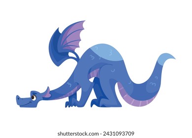 Fairy Blue Dragon as Horned Legendary Creature with Wings Vector Illustration