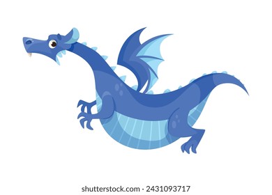 Fairy Blue Dragon as Horned Legendary Creature with Wings Vector Illustration