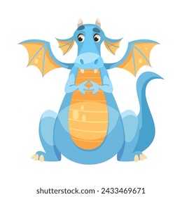 Fairy Blue Dragon as Horned Legendary Creature with Wings Vector Illustration