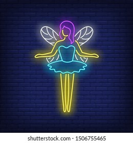 Fairy in blue dress neon sign. Magic, pixie, enchantment. Night bright advertisement. Vector illustration in neon style for poster, banner