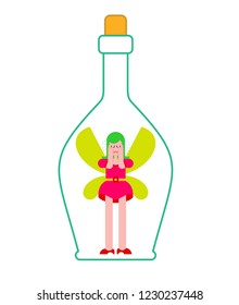 Fairy in bottle. Little magical woman captive in jar. Tiny creature with wings. Flying Mythical fabulous character and magic wand
