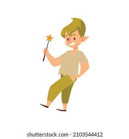 Fairy boy with elves ears and magic wand, cartoon flat vector illustration isolated on white background. Childish character of pixie with green hair. Magical creature from fairytale.