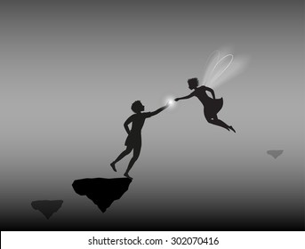 Fairy and boy in fantasy land,boy gives magic lantern to the fairy, fife on flying rocks,  shadows.