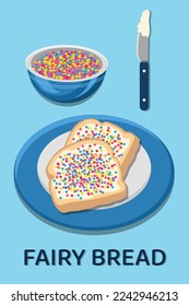 Fairy Bread. Nonpareils sprinkles toppings on bread slice. Nonpareils in Bowl. Fairy bread is Australian rainbow snack.