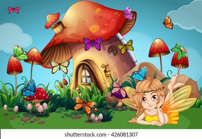 Fairy and butterflies at mushroom house illustration