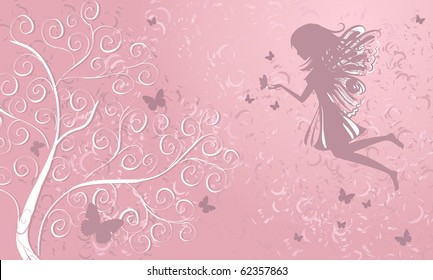 Fairy with butterflies near a tree