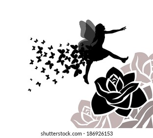 Fairy with butterflies on a rose. Vector