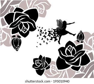 Fairy with butterflies on a rose. Vector 