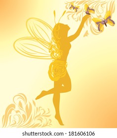 Fairy and butterflies on a yellow background. Vector