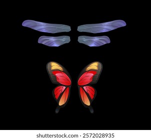 Fairy butterfly and dragonfly wings. Cartoon pair of glowing iridescent wings, beautiful fantasy insects. Vector illustrations set isolated on black background. Shiny dream decorations