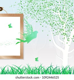 Fairy, butterfly and nature leaves falling scatter green fresh concept abstract background with wooden frame vector illustration