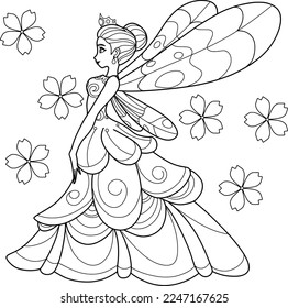 Hada, Princesa Mariposa. Libro de coloreado, esbozo de esquema,Diseño de caracteres aislado en fondo blanco.ilustración vectorial 