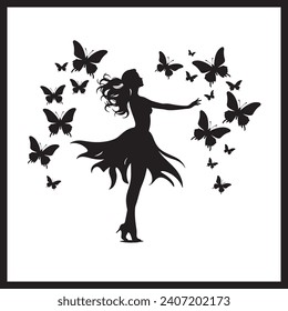 fairy Butterfly Silhouette Dance vector, Beautiful girl's silhouette with butterflies flying illustration