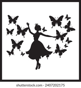 fairy Butterfly Silhouette Dance vector, Beautiful girl's silhouette with butterflies flying illustration