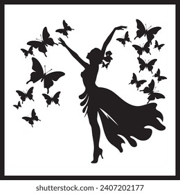 fairy Butterfly Silhouette Dance vector, Beautiful girl's silhouette with butterflies flying illustration