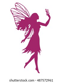 Fairy with butterfly, vector silhouette illustration for design, logo, sticker, decoration.