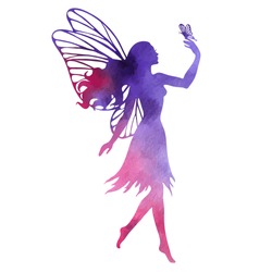 Fairy With Butterfly, Watercolor Vector Silhouette Illustration For Design, Logo, Sticker, Decoration.