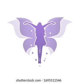 Fairy with butterfly, watercolor vector silhouette illustration for design, logo, sticker, decoration.