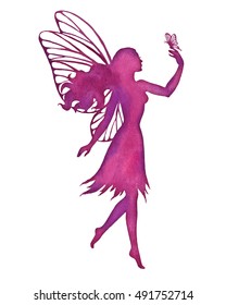 Fairy with butterfly, watercolor vector silhouette illustration for design, logo, sticker, decoration.