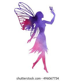 Fairy with butterfly, watercolor vector silhouette illustration for design, logo, sticker, decoration.