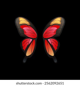 Fairy butterfly wings. Cartoon pair of glowing red and orange wings, beautiful fantasy insect. Vector illustration isolated on black background. Shiny dream decorations