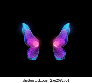 Fairy butterfly wings. Cartoon pair of glowing neon colorful wings, beautiful fantasy insect. Vector illustration isolated on black background. Shiny luminous angel dream decorations