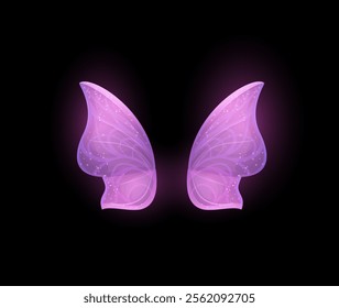 Fairy butterfly wings. Cartoon pair of glowing neon pink wings, beautiful fantasy insect. Vector illustration isolated on black background. Shiny angel dream decorations with glitter