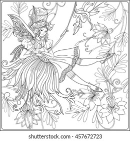 Fairy with butterfly wings on swing on medieval floral pattern background.   Vector illustration.  Coloring book for adult and older children. Outline drawing coloring page. Girl in a fairy costume.