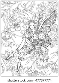 Fairy with butterfly wings on swing on medieval floral pattern background.   Vector illustration.  Coloring book for adult and older children. Outline drawing coloring page. 