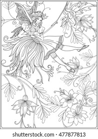 Fairy with butterfly wings on swing on medieval floral pattern background.   Vector illustration.  Coloring book for adult and older children. Outline drawing coloring page. 