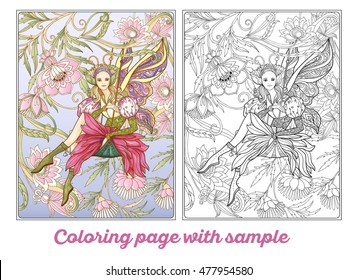 Fairy with butterfly wings on swing on medieval floral pattern background.   Vector illustration.  Coloring book for adult and older children. Outline drawing coloring page with colored sample