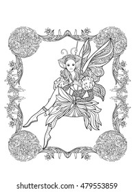 Fairy with butterfly wings on swing in decorative frame. Vector illustration. Coloring book for adult and older children. Outline drawing coloring page. Girl in a fairy costume.