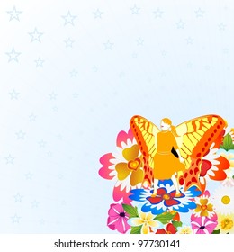 Fairy with butterfly wings stands on a bouquet of flowers