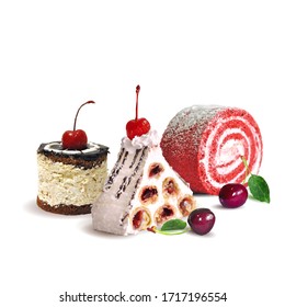 Fairy cake with cherries. Pastry with cream and cherries low poly. Delicious pastry with cream and cherries. Tasty cake. Vector illustration. Pastry with cream in triangulation technique.