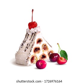 Fairy cake with cherries. Pastry with cream and cherries low poly. Delicious pastry with cream and cherries. Tasty cake. Vector illustration. Pastry with cream in triangulation technique.