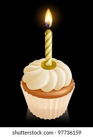 Fairy cake cupcake graphic with gold birthday candle on top