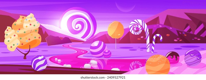 Tierras de caramelos y dulces con árboles de malva y crema, río rosa y langostinos en el cielo. El paisaje cósmico del juego del planeta dulce alienígena en el espacio, el neón mágico maravillado de postres cartografía ilustración vectorial