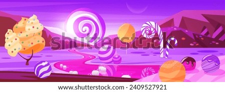 Fairy candy land with marshmallow and cream trees, pink river and lollipop in sky. Game cosmic landscape of alien sweet planet in space, magic neon wonderland of desserts cartoon vector illustration