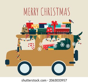 A fairy car, decorated with garlands, carries Christmas gifts. Postcard for NVector illustration.Vector illustration.