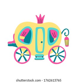 Fairy carriage for princess decorated with crown and curtains on the windows in doodle style. Hand drawn vector illustration  isolated on white background. Great for kids products design.