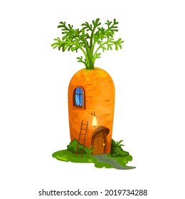 Fairy carrot, gnome house or dwelling for dwarfs and elf home hut, cartoon vector. Fairy tale carrot house of dwarf gnome in forest or garden, shelter house with door and window