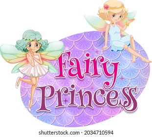 Fairy cartoon character with Fairy Princess font typography on pastel scales isolated illustration